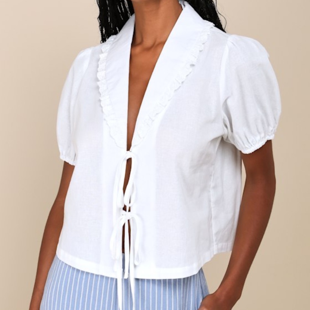 Lulus Cutest Existence Ivory Collared Tie-front Short Sleeve Top White - Size M